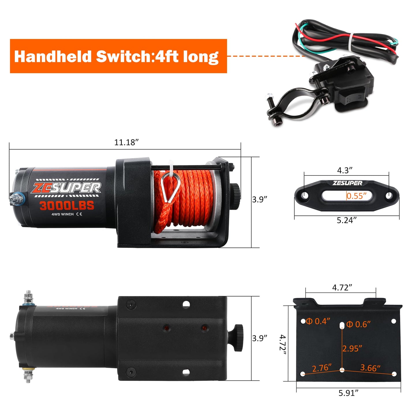 ZESUPER 3000 lb Electric Winch for ATV UTV Trailer Boat Synthetic Rope Winch 12V DC Off Road Towing Winches with Wireless Remote Mounting Bracket