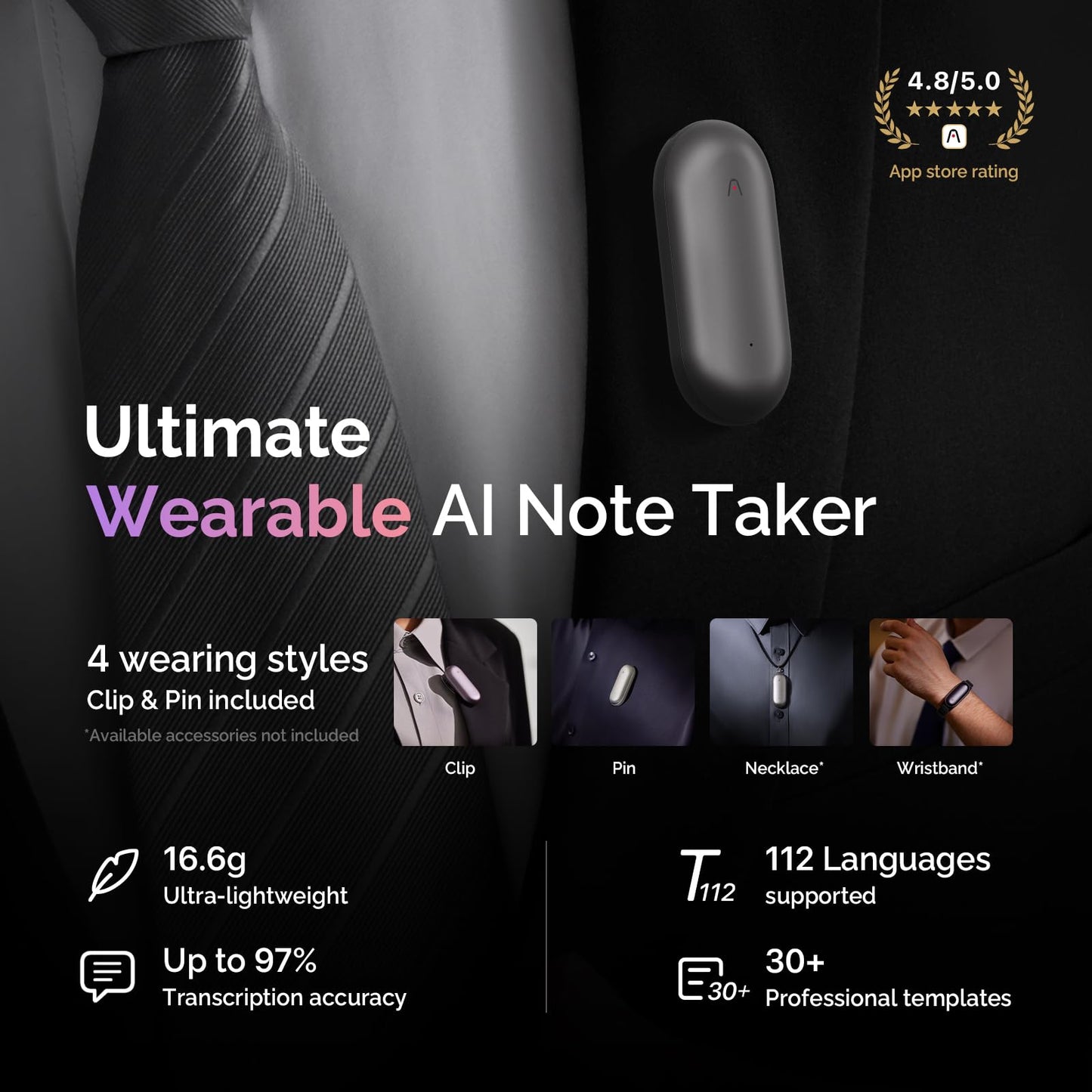 PLAUD NotePin Voice Recorder, AI Voice Recorder, App Control, AI Notetaker, AI Transcribe & Summarize, Support 112 Languages, 64GB Memory, Audio Recorder for Lectures, Meetings, Cosmic Gray