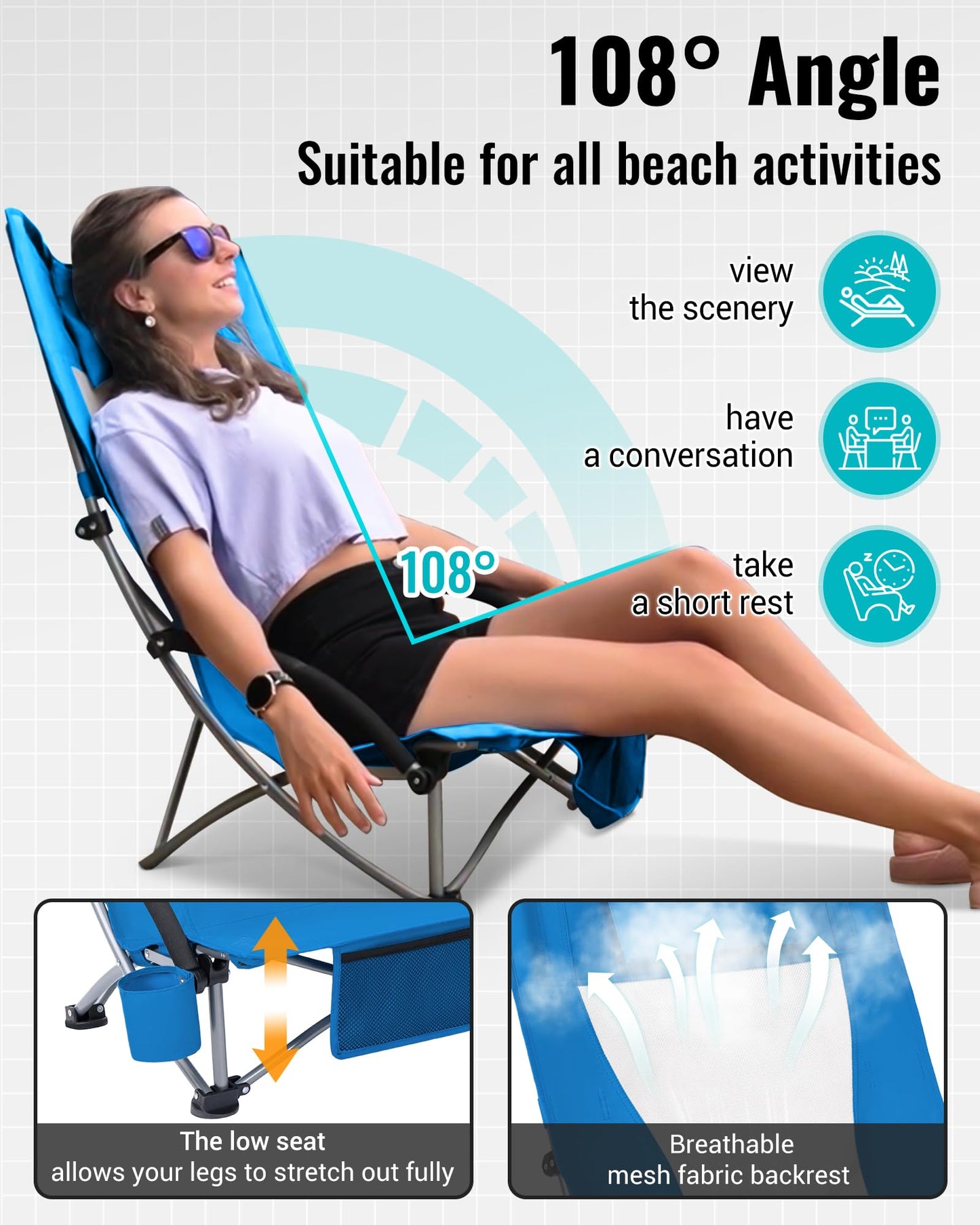 KingCamp Low Beach Chair, Folding Portable Chairs for Adults lightweight Extra Wide Ergonomic High Mesh Back Seat 300lbs Heavy Duty Oversized Gear with Carry Bag for Outdoor Lawn Camping Picnic