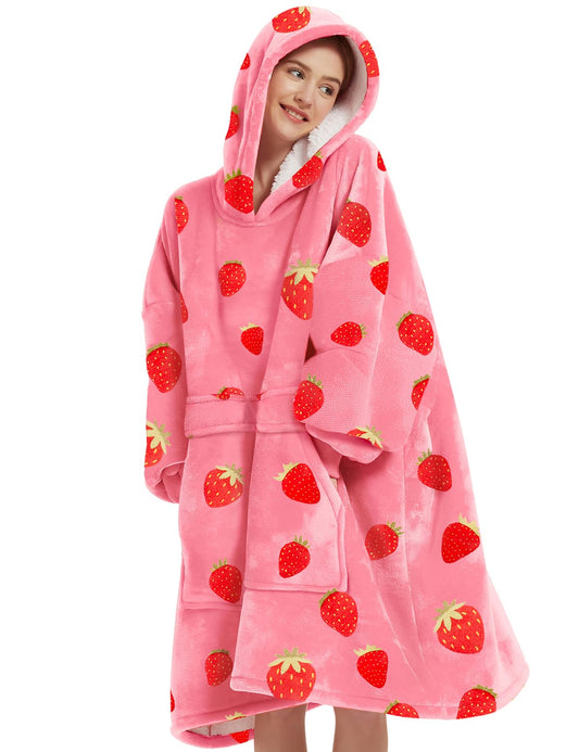 KFUBUO Wearable Blanket Hoodie for Adults Sherpa All Patterns Oversized Sweatshirt Blanket with Pockets Cute Birthday Gifts for Sister Strawberry