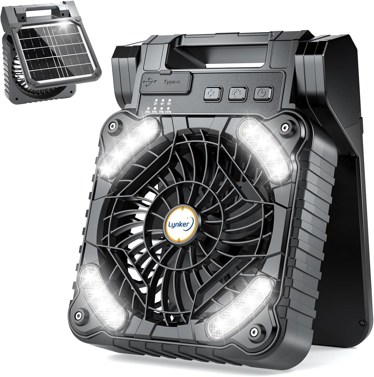 lynker Camping Fan Solar Powered with LED Lantern & Power Bank, Portable Rechargeable Battery Operated, 4 Speeds, 35dB Ultra-Quiet, 8H Timer, Foldable Fan for Tent, RV, Emergency, Hiking (Black)