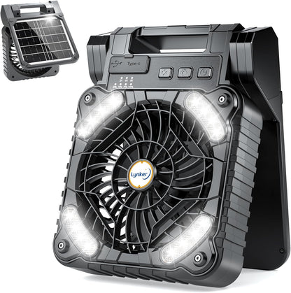 lynker Camping Fan Solar Powered with LED Lantern & Power Bank, Portable Rechargeable Battery Operated, 4 Speeds, 35dB Ultra-Quiet, 8H Timer, Foldable Fan for Tent, RV, Emergency, Hiking (Black)