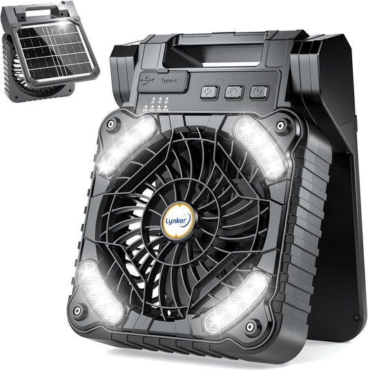 lynker Camping Fan Solar Powered with LED Lantern & Power Bank, Portable Rechargeable Battery Operated, 4 Speeds, 35dB Ultra-Quiet, 8H Timer, Foldable Fan for Tent, RV, Emergency, Hiking (Black)