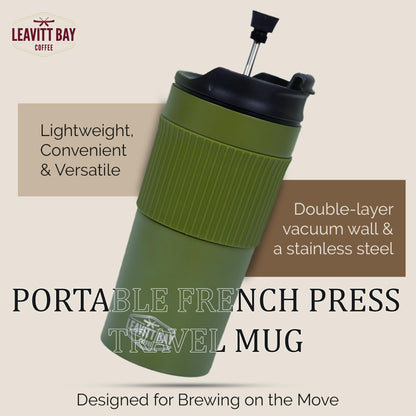 Portable French Press Travel Mug – Insulated Stainless Steel French Press Mug for Hot or Cold Brew – Durable Travel Coffee Maker – On-the-Go Tea & Coffee Maker (Army Green)