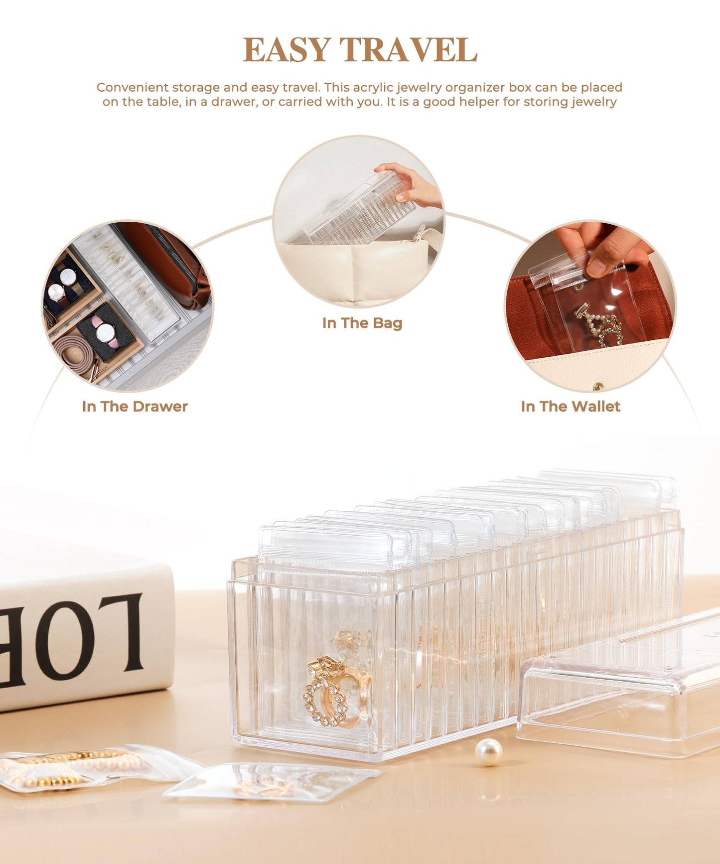 HOMEHIVE Acrylic Jewelry Box Organizer, Clear Jewelry Organizer and Storage with 20 Portable Anti Tarnish Jewelry bags, Travel Jewelry Case for Earrings/Rings/Necklaces Gifts for Women Girls, Clear