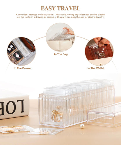 HOMEHIVE Acrylic Jewelry Box Organizer, Clear Jewelry Organizer and Storage with 20 Portable Anti Tarnish Jewelry bags, Travel Jewelry Case for Earrings/Rings/Necklaces Gifts for Women Girls, Clear