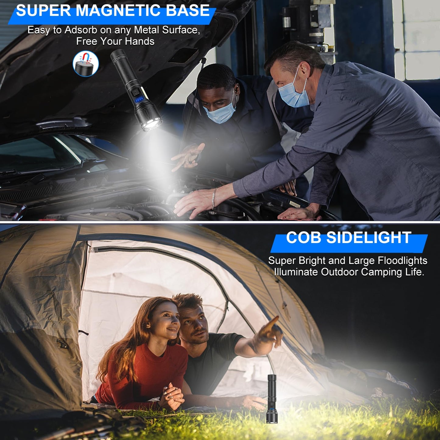 Rechargeable Magnetic Flashlights High Lumens, Super Bright LED Powerful Flashlight 8 Modes with COB Work Light, Waterproof Handheld Flash Light for Camping (2 Pack with Paper Box, Black)