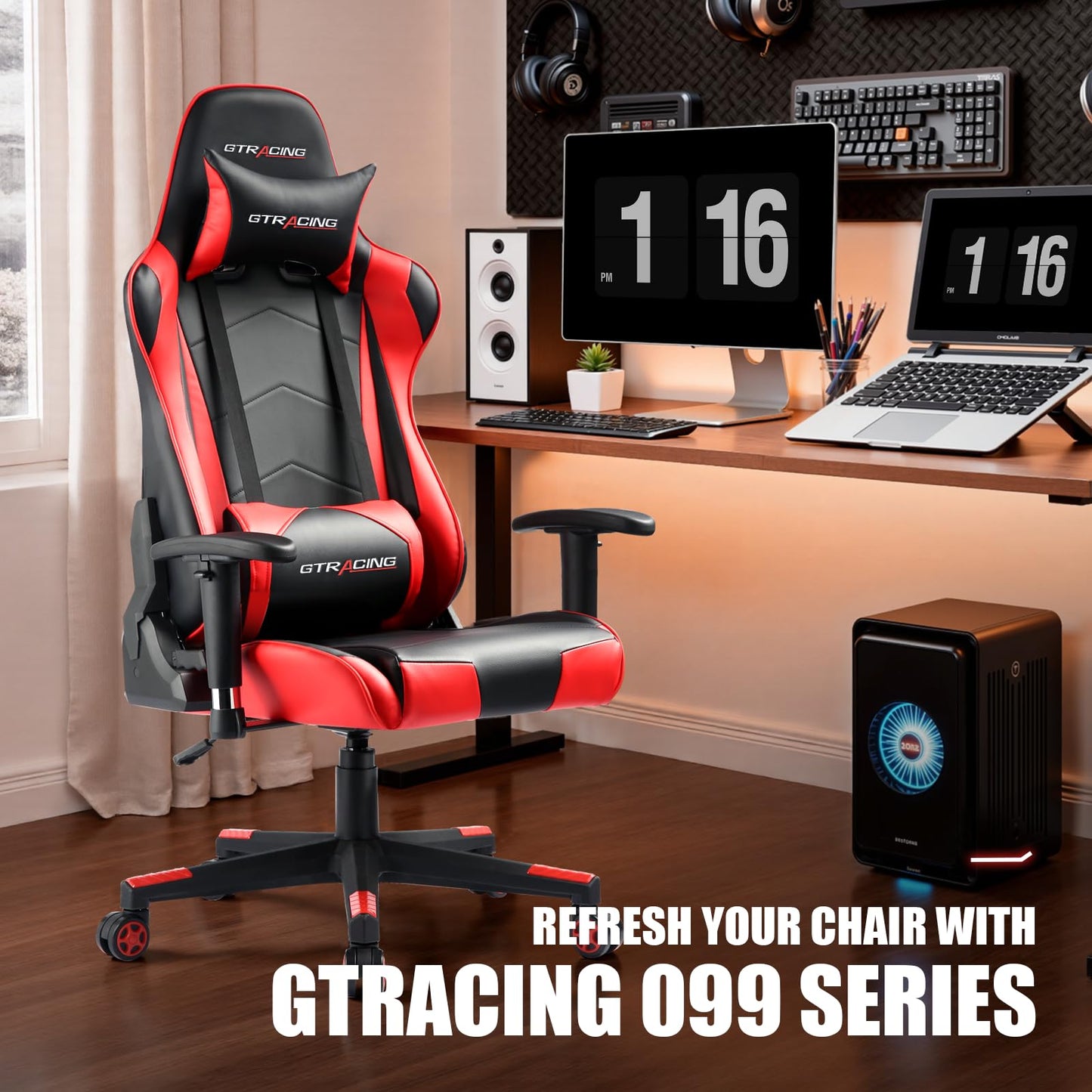 GTRACING Gaming Chair Racing Office Computer Ergonomic Video Game Chair Backrest and Seat Height Adjustable Swivel Recliner with Headrest and Lumbar Pillow Esports Chair (Red)