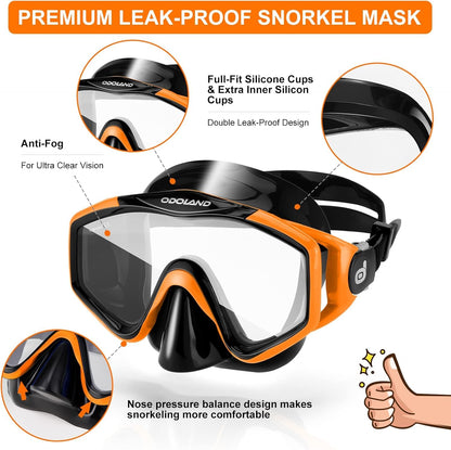 Odoland Snorkel Set, Snorkeling Packages with Dry Top Diving Mask, Adjustable Swim Fins, Mesh Bag, Anti-Fog Anti-Leak Snorkeling Gear for Men Women Adult, Oragne L/XL