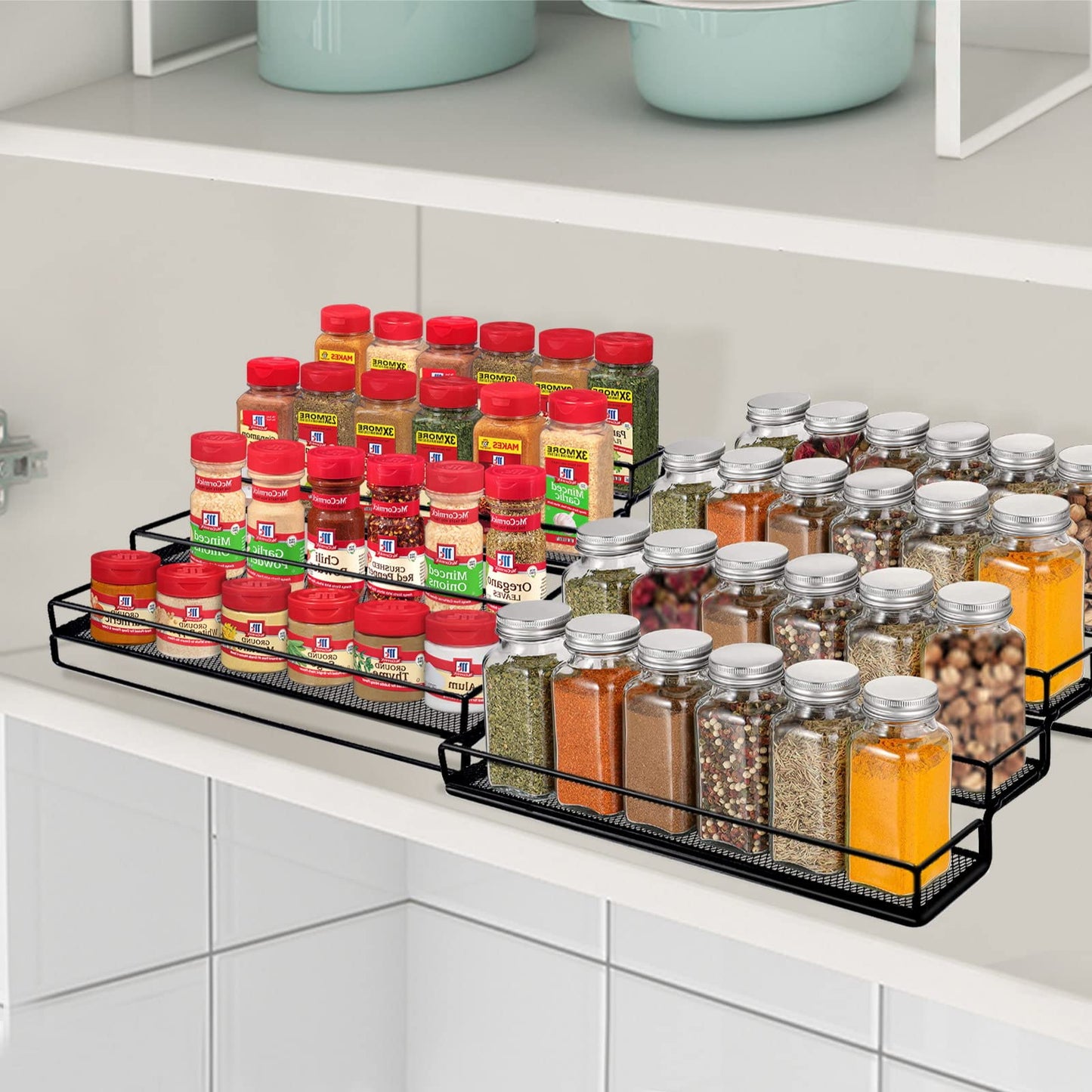 IFELS Spice Rack Organizer for Cabinet, 4 Tier Seasoning Organizer, Expandable Shelf,Step Storage Holder, Kitchen Cabinet Countertop,with Protection Railing, Metal (Black,4 Tier,2Pack)