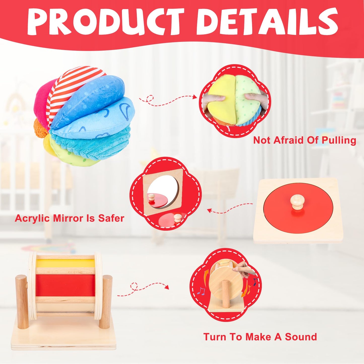 Montessori Baby Toys Play Kit - Mirror, Peekaboo, Knob Puzzle, Spinning Drum, Rainbow Ball - 6-12 Months Toddlers