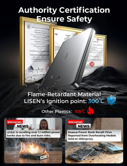 LISEN 0.3‘’ Ultra Slim MagSafe Portable Charger,5000mAh Wireless Card Slim MagSafe Battery Pack,Travel Essentials iPhone Accessories,Magnetic Power Bank for 17 Air iPhone 16 Pro Max Plus/15/14/13/12