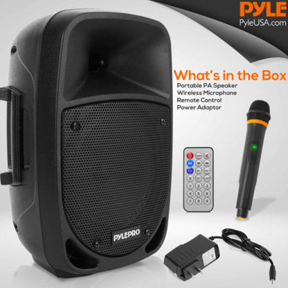 Pyle 800W Portable Bluetooth PA Speaker - 8’’ Subwoofer, LED Battery Indicator Lights w/ Built-in Rechargeable Battery, MP3/USB/SD Card Reader, and UHF Wireless Microphone - Pyle PSBT85A,Black