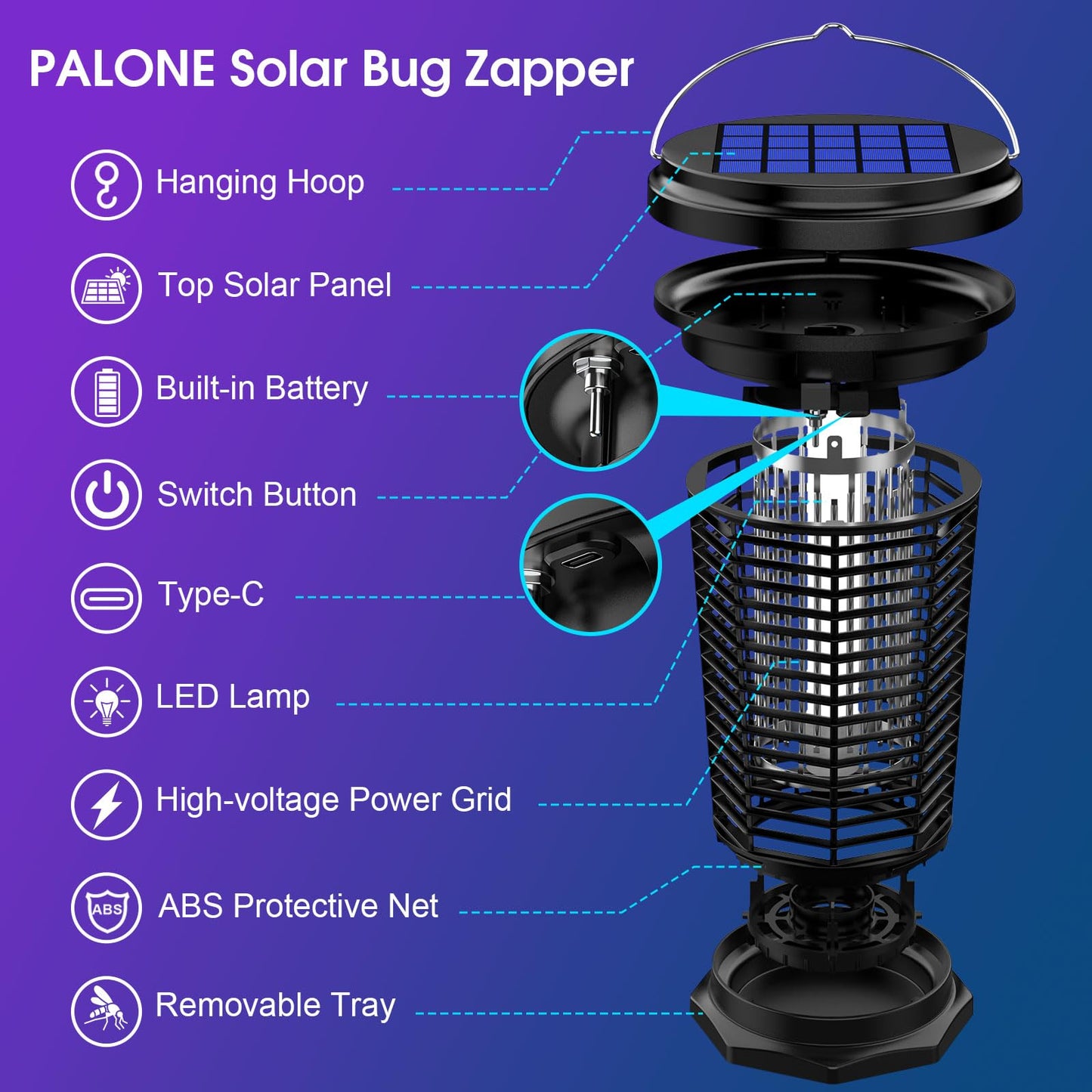 PALONE Bug Zapper for Outdoor & Indoor with 5.5W Solar Panel Charging, Electric Fly Zapper USB Charging Solar Bug Zapper Light for Camping Outdoor, Backyard, Garden