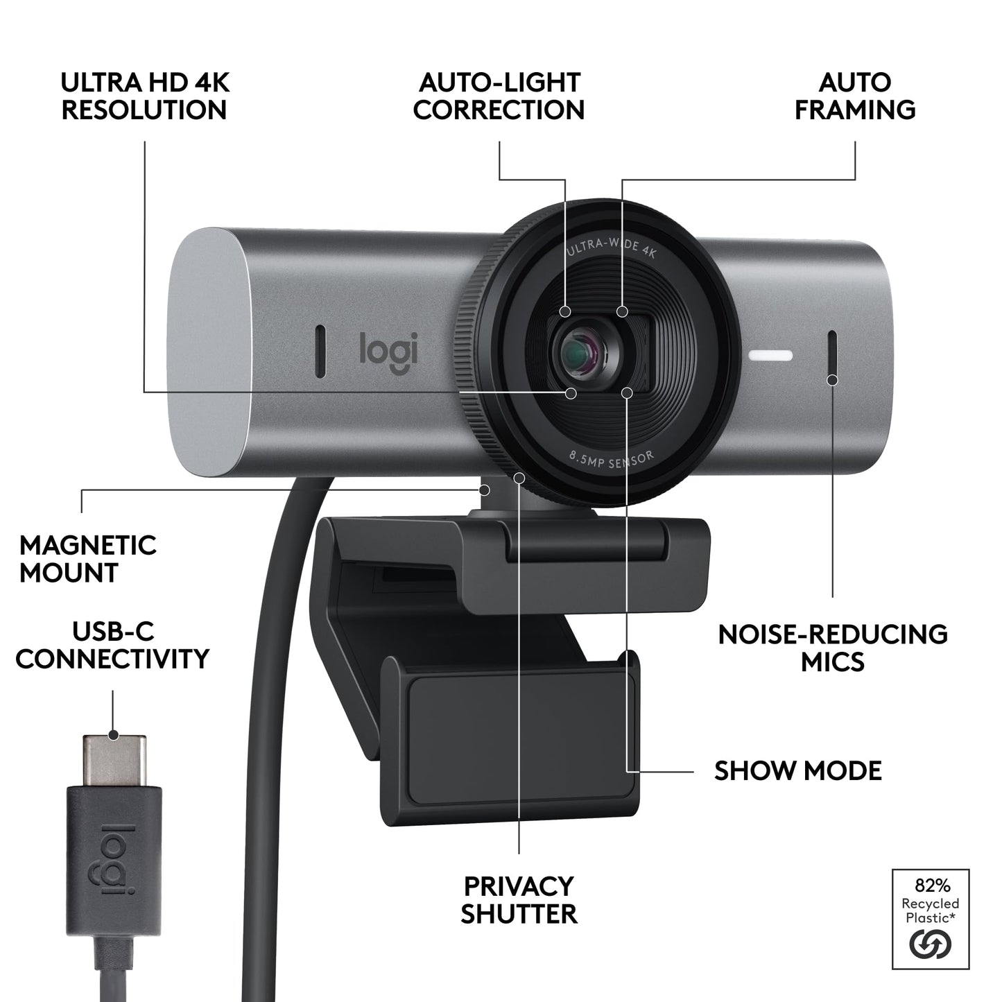 Logitech MX Brio Ultra HD 4K Collaboration and Streaming Webcam, 1080p at 60 FPS, Dual Noise Reducing Mics, Show Mode, USB-C, Webcam Cover, Works with Microsoft Teams, Zoom, Google Meet - Graphite