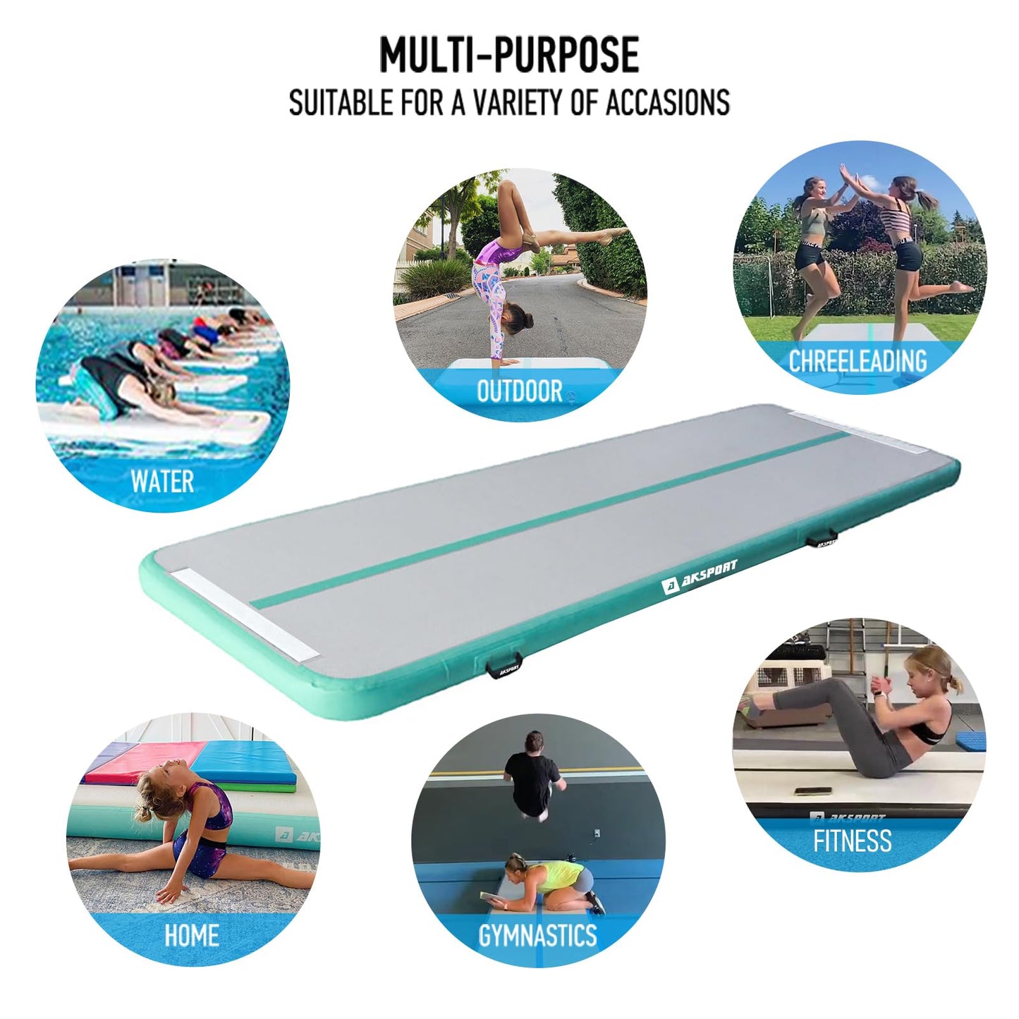 AKSPORT Air Mat Tumble Track 10ft-20ft Inflatable Gymnastics Mat 4/8in Thickness for Home Use/Tumble/Gym/Training/Cheerleading/Yoga (Mint Green, 10x3.28x0.66ft)