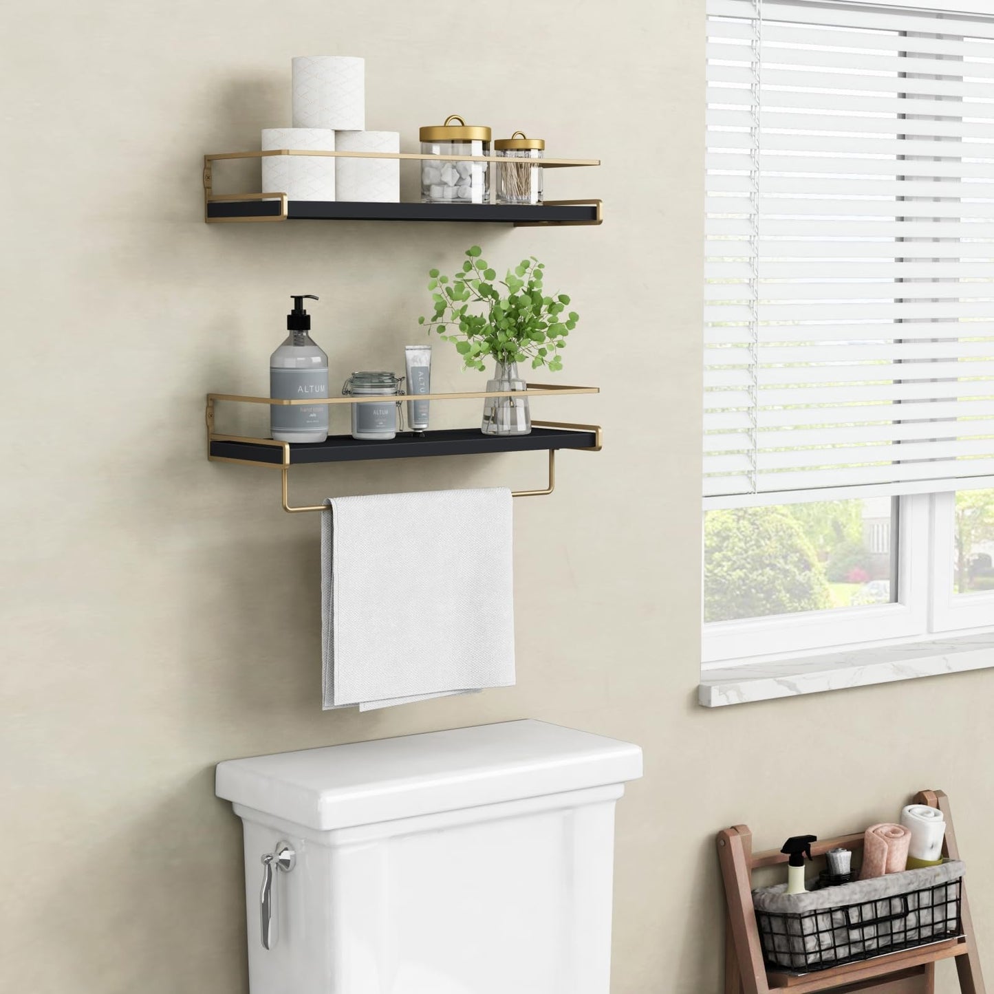 Forbena Black and Gold Floating Shelves for Wall, Bathroom Wall Shelves Over Toilet, Wood Hanging Shelves Wall Mounted for Kitchen Coffee Bar (Black and Gold)