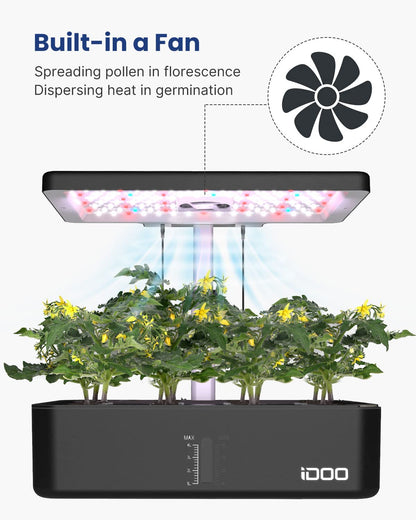 iDOO Hydroponics Growing System Kit 12Pods, Indoor Herb Garden System, with LED Grow Light, Built-in Fan, Auto-Timer, Adjustable Height Up to 11.3", for Home School, for Women