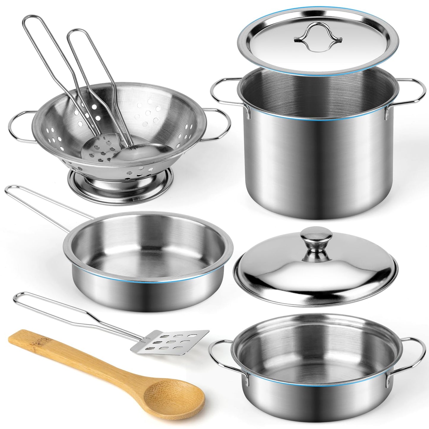 Juboury Kitchen Pretend Play Toys with Stainless Steel Cookware Pots and Pans Set, Cooking Utensils, Apron & Chef Hat, Cutting Vegetables for Kids, Girls, Boys, Toddlers