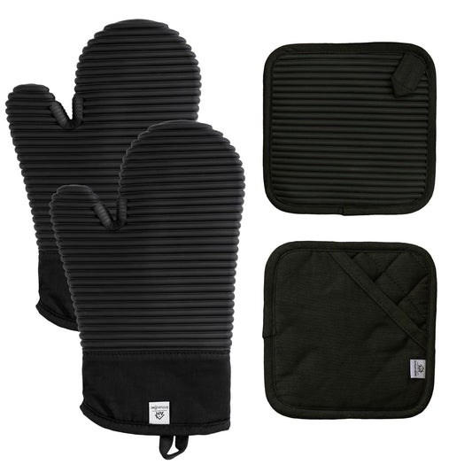 Extra Long Silicone Oven Mitts & Potholders Set - Heat Resistant 500°F Kitchen Gloves with Pot Holders, BPA-Free Waterproof Baking Mitts, Non-Slip Grip, 4-Piece Set, Black