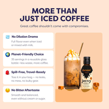 Javvy Coffee Concentrate - Cold Brew Coffee, Perfect for Hot or Iced Instant Coffees, Hot Drinks, Cold Brew Concentrate, 35 Servings - Caramel