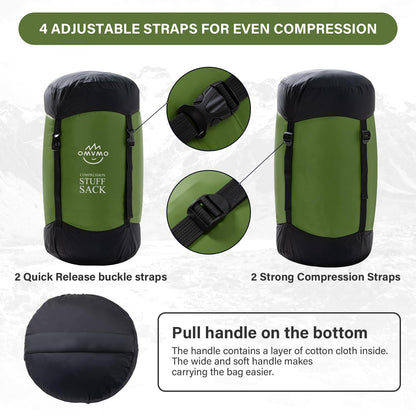OMVMO Sleeping Bag Stuff Sack, 11L/18L/30L/45L/52L Water-Resistant Compression Sack,Anti-Tear Ultra Light Nylon Storage Bag，Black/Yellow/Orange/Dark Blue/Dark Green/Sky Blue (Dark Green, XXL/53L)