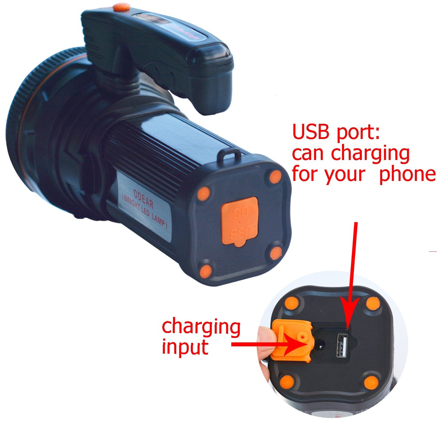 ODEAR Super Bright Torch Searchlight Handheld Portable LED Spotlight USB Rechargeable Flashlight for Mining,Camping, Hiking, Fishing