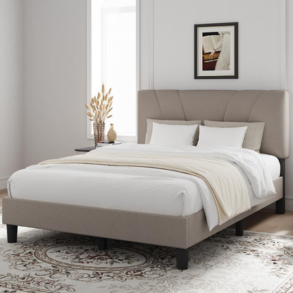 Novilla Full Size Bed Frame with Adjustable Headboard Platform Full Bed Frame with Linen Fabric Upholstered Headboard, No Box Spring Needed, Noise-Free, Wooden Slats Support, Easy Assembly, Beige
