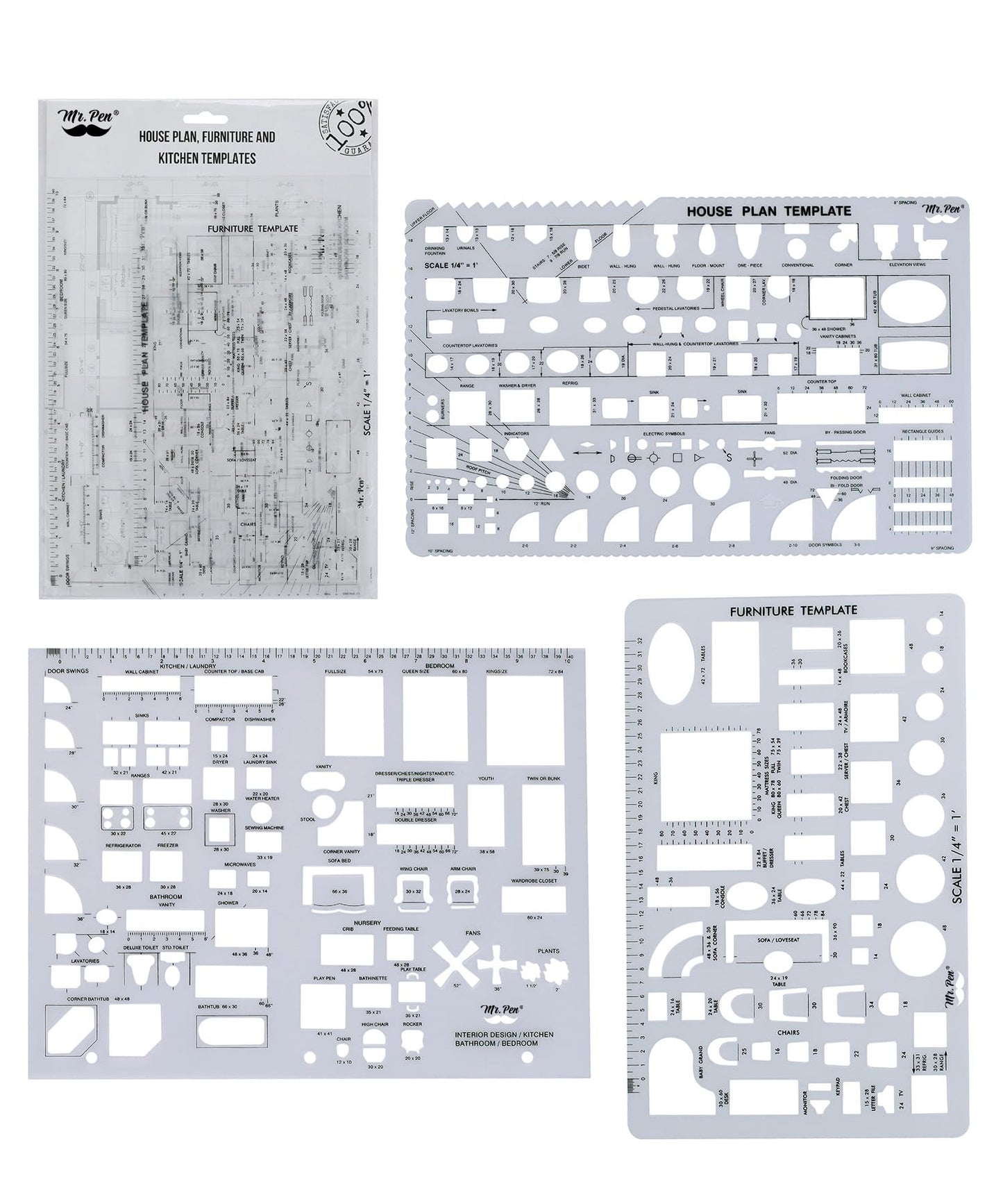 Mr. Pen- House Plan, Interior Design and Furniture Templates, Drafting Tools and Ruler Shapes for Architecture - Set of 3, Back to School Supplies