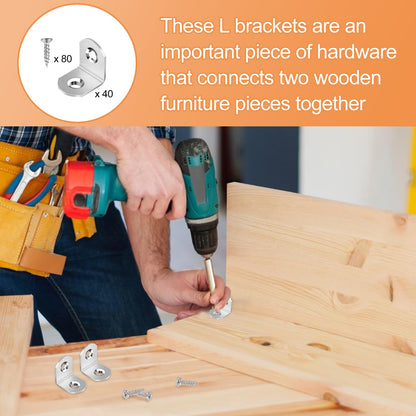 40 Pcs L Bracket Stainless Steel Corner Brace Sets, 90 Degree Right Angle Brackets with 80 Pcs Screws, L Bracket Firmware for Wooden Shelves, Chairs, Tables, Dressers, Furniture (Silver)