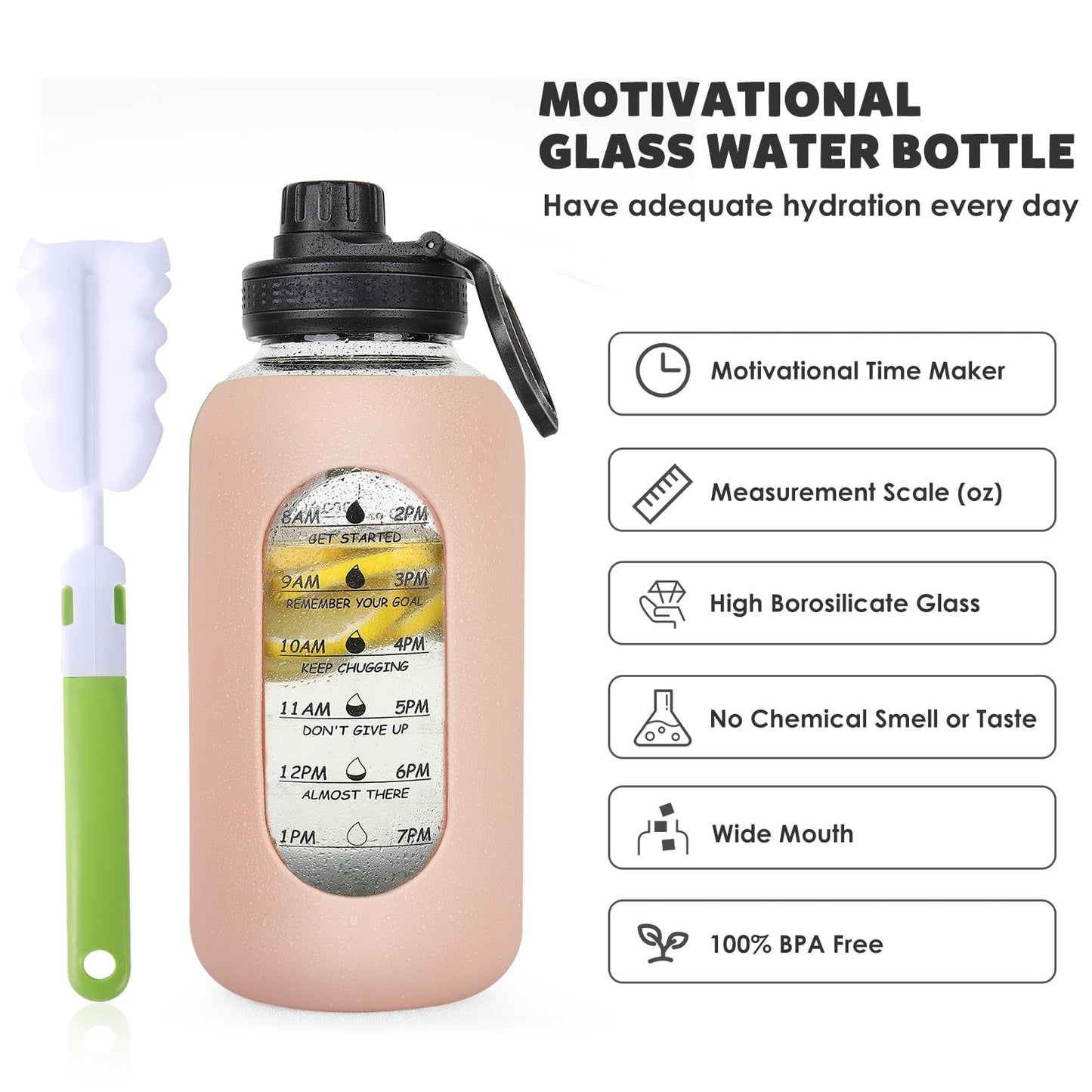 40oz Glass Water Bottle with Handle Lid Time Marker Motivational Sport Water Jug with Silicone Sleeve Water Flask Canteen Wide Mouth Water Bottle for Gym Workout Travel Office Home Everyday Hydration