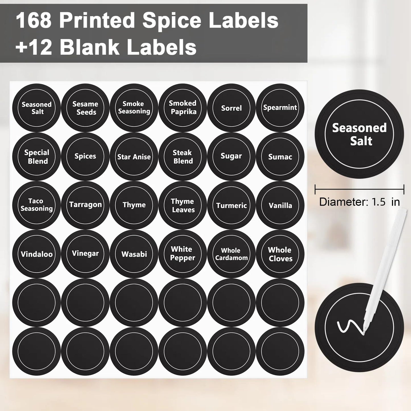 180 Spice Labels for Food Containers, Chalkboard Labels for Jars, Spice Label Stickers Herb Seasoning Kitchen Pantry Labels, Small Chalk Sticker Spice Jar Label Round 168 Printed, 1 Erasable Chalk