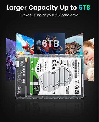 ORICO 2.5 inch Hard Drive Enclosure USB C to SATA III 5Gbps Clear External Hard Drive Case for All 7mm 9.5mm 2.5 inch SATA SSD HDD Up to 6TB, Tool-Free, Support USB 3.0 UASP (2139C3)