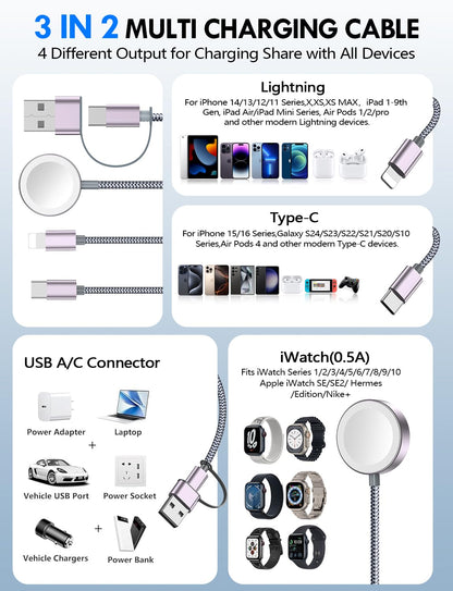 2Pack Multi Fast Charging Cable for Travel Vacation Essentials,iPhone 17 Charger,Apple Watch Charger,3-in-2USB A/Type C/Lightning Cable for iWatch,iPhone 17-11,Nintendo Switch,Airpods,Home,Office-4FT