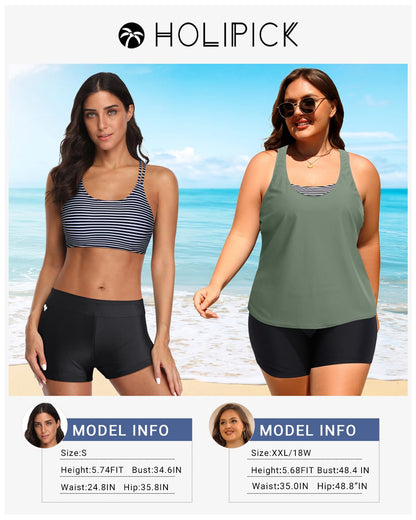 Holipick Black Striped 3 Piece Tankini Swimsuits for Women Tummy Control Bathing Suits Swim Tank Top with Bra Boy Shorts Teen Swimwear M