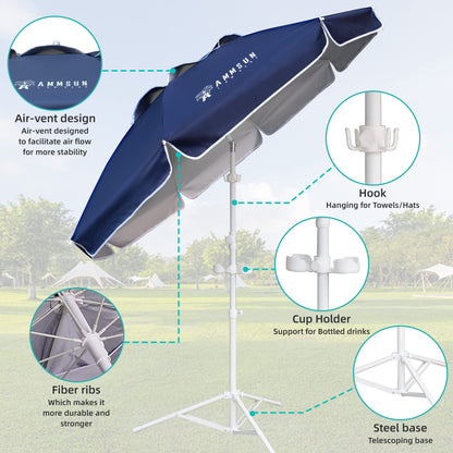 AMMSUN Shade Umbrella, Premium Portable Umbrella with Stand, 6.5ft Lightweight Free Standing Canopy for Sporting Games, Adjustable Instant Sun Protection and Easy to Carry, Navy Blue