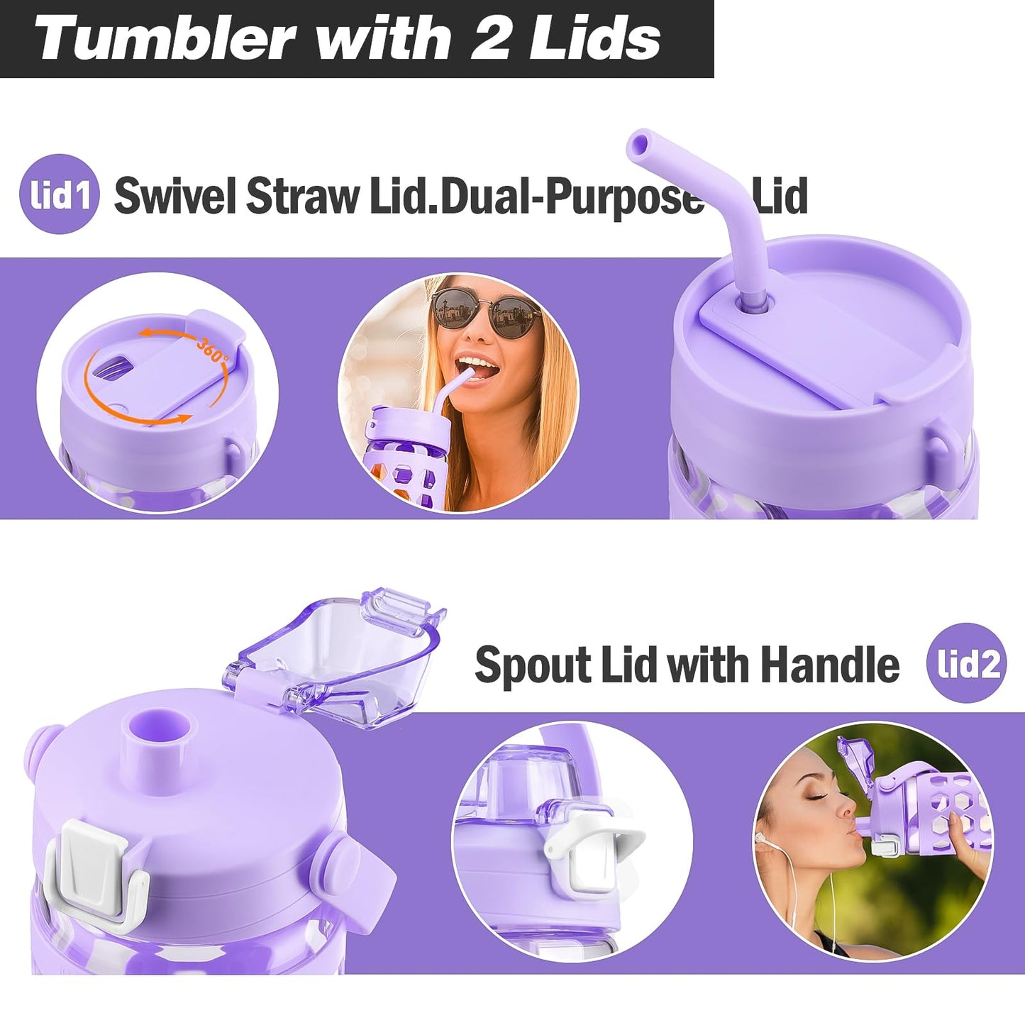 MUKOKO 32 oz Glass Tumbler with Straw,Glass Water Bottles with Time Marker,Iced Coffee Cup with 2 Lids-Handle Spout Lid&Straw Lid,Silicone Sleeve,Leakproof,1 Pack-Purple