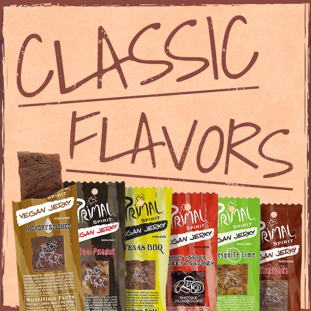 Primal Spirit Vegan Jerky - Most Popular Flavors Pack, 10 g. Plant Based Protein, ("The Classics" 3 Teriyaki, 3 Hickory Smoked, 3 Texas BBQ, 1 Thai Peanut, 1 Hot & Spicy, 1 Mesquite Lime, 12-Pack, 1 o