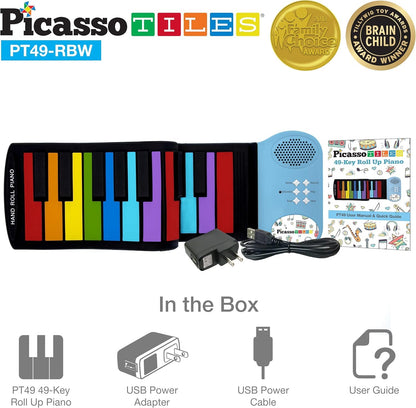 PicassoTiles® PT49 Kid's 49-Key Flexible Roll-Up Educational Electronic Digital Music Piano Keyboard w/Recording Feature, 8 Different Tones, 6 Educational Demo Songs & Build-in Speaker - Rainbow