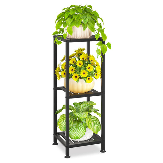 KMOTASUO 3 Tiered Black Tall Plant Stand for Indoor Outdoor, Heavy Duty Metal Multiple Large Planter Rack for Narrow Corner, Sturdy Iron Vertical Flower Holder for Modern House, Patio, Bathroom, Porch