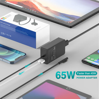65W Charger Compatible with Microsoft Surface Pro 11, 10, 9, 8, 7+, 7, 6, 5, 4, 3, X, Power Adapter for Windows Surface Laptop 7/6/5/4/3/2/1, Go Tablet, Book 3/2/1, Support 44W, 36W, LED, 10FT