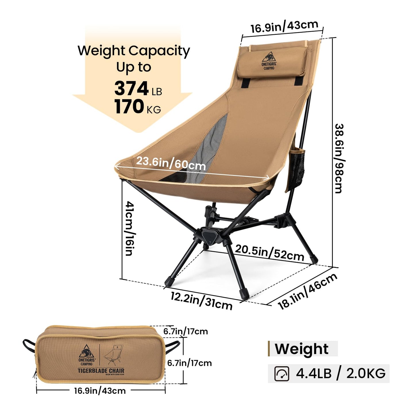 OneTigris Tigerblade High Back Camping Chair with Pillow Design, Comfortable Widened Seat Folding Chair