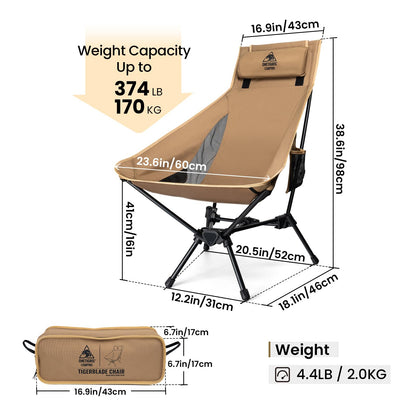 OneTigris Tigerblade High Back Camping Chair with Pillow Design, Comfortable Widened Seat Folding Chair