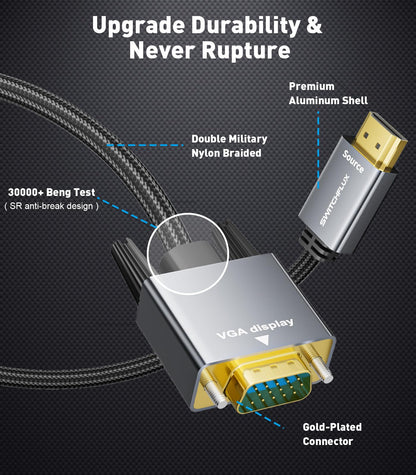 HDMI to VGA Adapter Cable 6FT [Metal Case, Nylon Cable] 1080P@60Hz HDMI Male to VGA Male Uni-Directional Braided Cord for Computer, Laptop, Monitor, Roku, Xbox, Graphics Card More