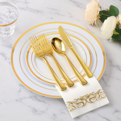 Goodluck 700 Piece Gold Dinnerware Set for 100 Guests, Disposable for Party, Include: 100 Gold Rim Dinner Plates, 100 Dessert Plates, 100 Paper Napkins, 100 Cups, 100 Plastic Silverware Set