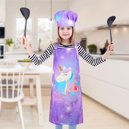 MHJY Kids Apron and Chef Hat Set, Child Aprons for Cooking Baking Painting Cute Toddler Girls Apron with Pockets 3-12 Years