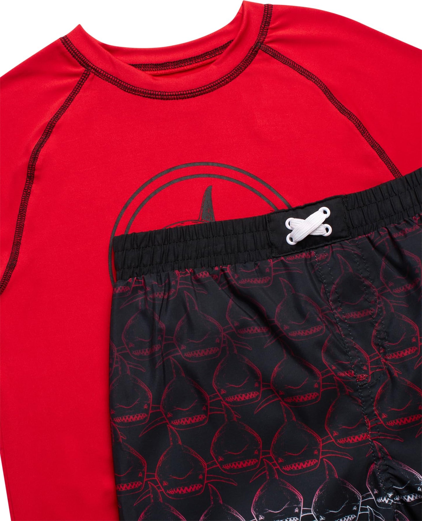 iXtreme Boys Rash Guard Set - 2 Piece UPF50+ Sun Protection Quick Dry Short Sleeve Swim Shirt & Swim Trunks for Boys (12M-14), Size 10/12, Red Black Shark