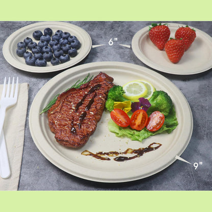 GreenWorks 100 Count 6“ Small Compostable Dessert Plates, Heavy-duty Unbleached Biodegradable Bagasse and Bamboo fiber Paper Plates
