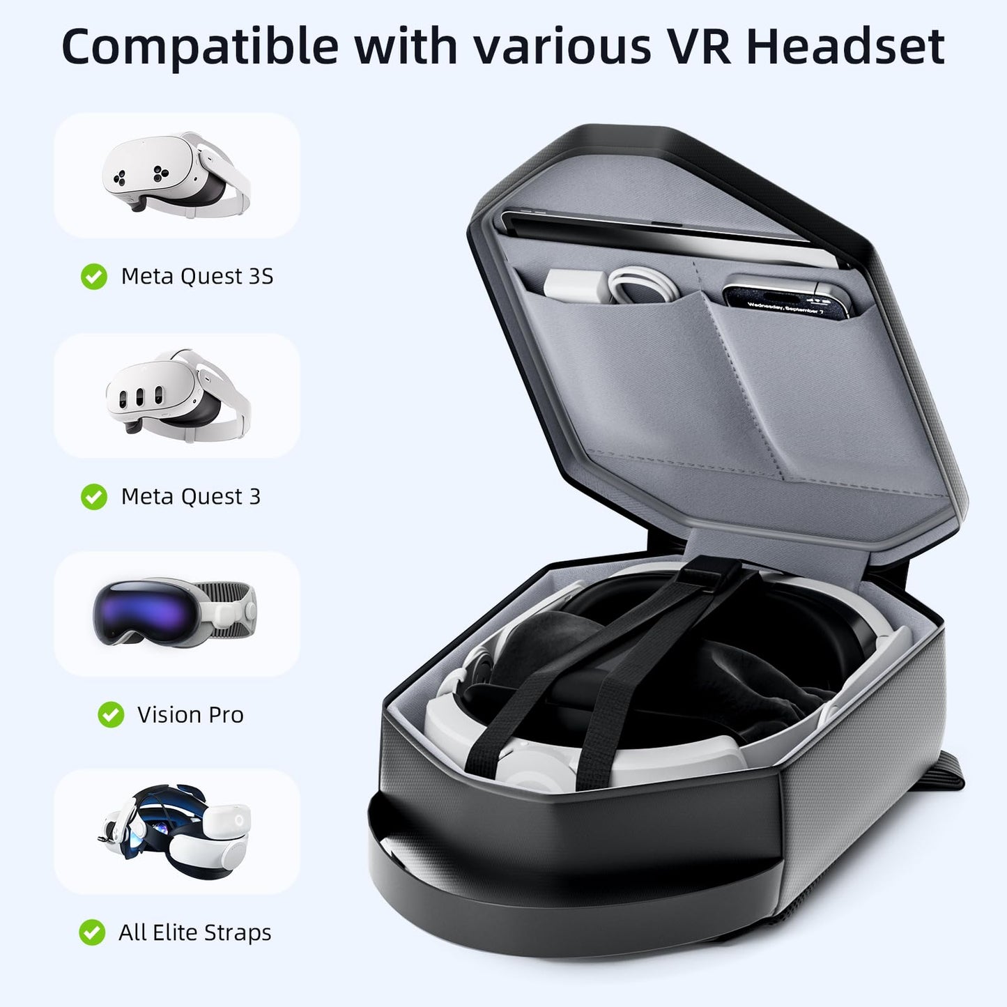 Hard Carrying Case for Oculus Meta Quest 3S/Qust 3/Quest 2/Vision Pro, Elite Strap Version/KIWI/BOBOVR Head Strap, VR Headset and Touch Controller Accessories, Full Protection for Travel/Home Storage