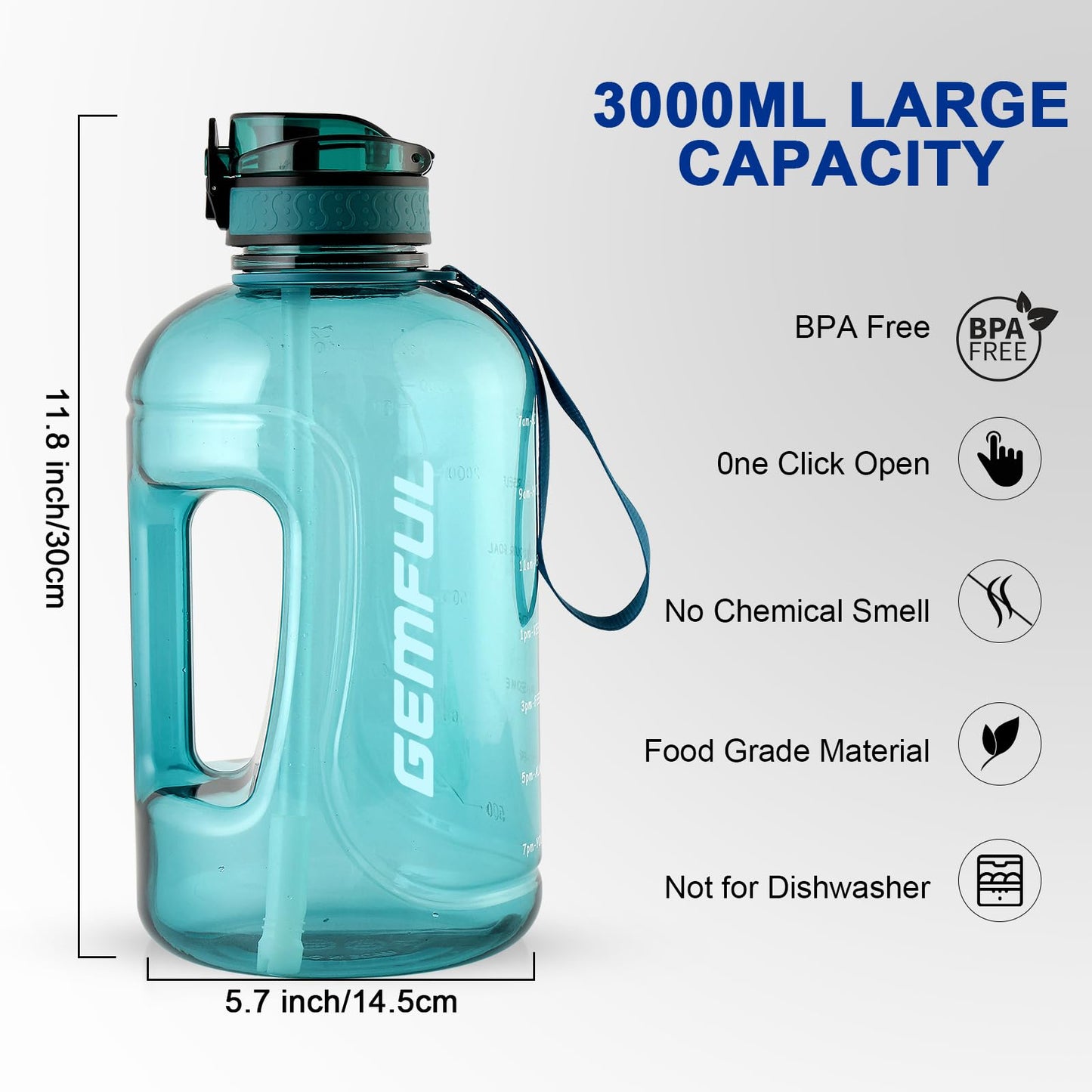 GEMFUL 3 Liter Water Bottle with Straw 101oz BPA-Free Leakproof Time Marker Handle for Gym Sports Large Motivational Jug for Men Women (Cyan with Removable Straw)